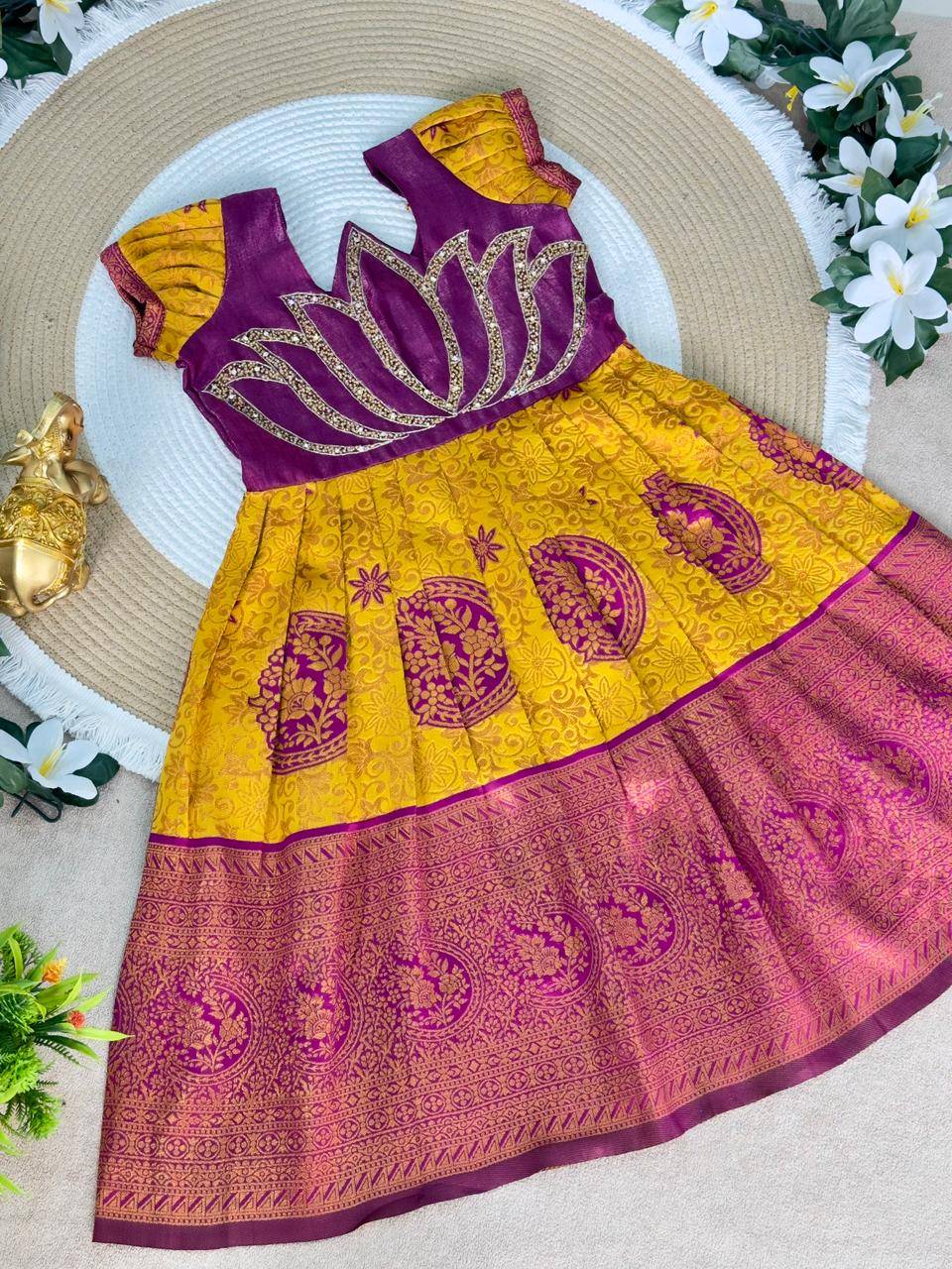 Lotus Frock Jaquard Silk Orange Kids garments market in Ahmedabad